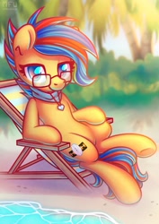 Size: 2150x3035 | Tagged: safe, artist:wavecipher, imported from derpibooru, oc, oc only, oc:soundwave, earth pony, pony, beach chair, chair, glasses, jewelry, pendant, sitting, solo