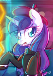 Size: 2480x3508 | Tagged: safe, artist:wavecipher, imported from derpibooru, rarity, pony, unicorn, beatnik rarity, beret, clothes, female, hat, mare, open mouth, solo, sweater, wip