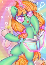 Size: 2480x3508 | Tagged: safe, artist:wavecipher, imported from derpibooru, oc, oc only, pony, unicorn, book, cup, dork, glasses, heart, heart eyes, high res, hoof on cheek, open mouth, pigtails, solo, wingding eyes
