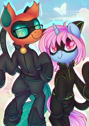 Size: 848x1200 | Tagged: safe, artist:wavecipher, imported from derpibooru, oc, oc only, changedling, changeling, pony, bell, bodysuit, cat bell, cat ears, catsuit, chat noir, clothes, cosplay, costume, duo, glasses, heart, heart eyes, lady noire, mask, miraculous ladybug, wingding eyes