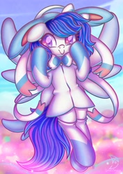 Size: 2480x3508 | Tagged: safe, artist:wavecipher, imported from derpibooru, oc, oc only, oc:blue visions, pegasus, pony, sylveon, clothes, costume, disguise, disguised changeling, heart, heart eyes, high res, pegasus oc, pokémon, solo, wingding eyes