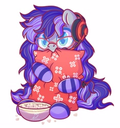 Size: 2480x2650 | Tagged: safe, artist:wavecipher, imported from derpibooru, oc, oc only, oc:cinnabyte, pony, bowl, clothes, commission, food, glasses, headphones, high res, hug, long mane, pillow, pillow hug, popcorn, scared, simple background, socks, solo, striped socks, white background, ych result