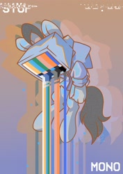 Size: 2480x3508 | Tagged: safe, alternate version, artist:wavecipher, imported from derpibooru, oc, oc only, oc:mono, earth pony, hybrid, pony, clothes, crying, floating, hand, high res, limited palette, object head, solo, television