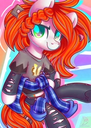 Size: 2480x3508 | Tagged: safe, artist:wavecipher, imported from derpibooru, oc, oc only, oc:trashie, earth pony, pony, '90s, clothes, female, high res, looking at you, mare, ripped stockings, shirt, solo, stockings, t-shirt, thigh highs, torn clothes