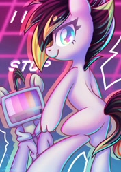 Size: 2480x3508 | Tagged: safe, artist:wavecipher, imported from derpibooru, oc, oc only, oc:cipher wave, oc:mono, earth pony, hybrid, pony, clothes, hand, high res, hoodie, looking back, object head, television
