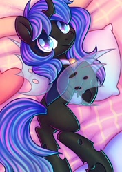 Size: 2480x3508 | Tagged: safe, artist:wavecipher, imported from derpibooru, oc, oc only, oc:blue visions, changeling, bed, blue changeling, heart, heart eyes, high res, looking back, lying down, on side, pillow, solo, wingding eyes