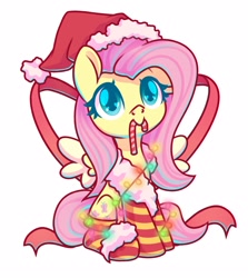 Size: 2276x2548 | Tagged: safe, artist:wavecipher, imported from derpibooru, fluttershy, pegasus, pony, candy, candy cane, christmas, christmas lights, clothes, cute, food, hat, heart, heart eyes, holiday, santa hat, shyabetes, simple background, socks, solo, striped socks, white background, wingding eyes, ych example, your character here