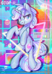 Size: 2480x3508 | Tagged: safe, artist:wavecipher, imported from derpibooru, oc, oc only, oc:snowy charm, crystal pony, pony, unicorn, high res, male, retrowave, solo, stallion, triangle