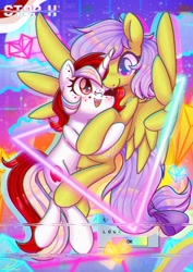 Size: 2480x3508 | Tagged: safe, artist:wavecipher, imported from derpibooru, oc, oc only, oc:chelsea, oc:chelsea (rhstrings), oc:ruby, oc:ruby heartstrings (rhstrings), pegasus, pony, unicorn, blushing, duo, heart, heart eyes, high res, hug, oc x oc, retrowave, shipping, triangle, wingding eyes
