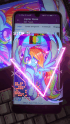 Size: 720x1280 | Tagged: safe, artist:wavecipher, imported from derpibooru, rainbow dash, pegasus, pony, animated, augmented reality, error, glitch, heart, heart eyes, retrowave, solo, spread wings, triangle, vaporwave, webm, wingding eyes, wings