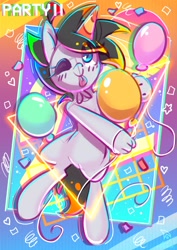 Size: 2480x3508 | Tagged: safe, artist:wavecipher, imported from derpibooru, oc, oc only, oc:cipher wave, earth pony, hybrid, pony, ;p, abstract background, balloon, hand, hat, heart, heart eyes, high res, one eye closed, party hat, sketch, solo, tongue out, triangle, wingding eyes