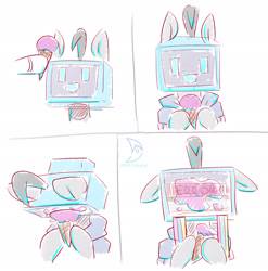 Size: 2315x2341 | Tagged: safe, artist:wavecipher, imported from derpibooru, oc, oc only, oc:mono, pony, 4 panel comic, comic, crt, crying, floppy ears, food, ice cream, ice cream cone, object head, reality ensues, simple background, sketch, television, white background