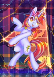 Size: 2480x3508 | Tagged: safe, artist:wavecipher, imported from derpibooru, oc, oc only, oc:cinnamon lightning, pony, unicorn, bell, bell collar, collar, high res, lightning, solo, triangle, unshorn fetlocks