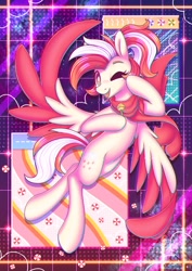 Size: 2480x3508 | Tagged: safe, artist:wavecipher, imported from derpibooru, oc, oc only, oc:candy rain, pegasus, pony, abstract background, candy, clothes, colored wings, food, high res, lollipop, one eye closed, open mouth, open smile, scarf, smiling, solo, two toned wings, wings