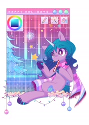 Size: 1944x2708 | Tagged: safe, artist:wavecipher, imported from derpibooru, izzy moonbow, pony, unicorn, 2021, backwards cutie mark, bauble, candy, candy cane, christmas, christmas ornament, clothes, decoration, food, g5, happy holidays, holiday, horn, scarf, simple background, solo, unshorn fetlocks, white background, white pupils, ych example, your character here