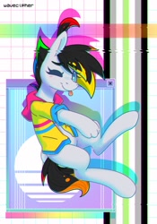 Size: 1238x1764 | Tagged: safe, artist:wavecipher, imported from derpibooru, oc, oc only, oc:cipher wave, earth pony, hybrid, pony, ;p, abstract background, hand, one eye closed, pansexual pride flag, pride, pride flag, solo, tongue out