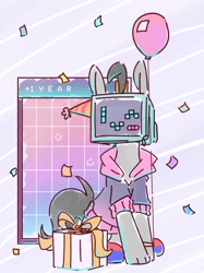 Size: 1592x2124 | Tagged: safe, artist:wavecipher, imported from derpibooru, oc, oc only, oc:mono, earth pony, pony, aesthetics, balloon, birthday, clothes, crt, hat, object head, one eye closed, party hat, present, sitting, solo, television, webcore, wink