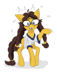 Size: 3501x4429 | Tagged: safe, artist:neoncel, imported from derpibooru, oc, oc only, earth pony, pony, clothes, glasses, meme, nerd, nerd pony, nervous, nervous sweat, ponified, ponified meme, ponytails, shirt, simple background, solo, t-shirt, white background