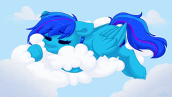 Size: 3840x2160 | Tagged: safe, artist:ev04ka, artist:ev04kaa, imported from derpibooru, oc, oc only, unnamed oc, pegasus, pony, 4k, cloud, commission, eyebrows, eyebrows visible through hair, eyes closed, female, high res, lying down, lying on a cloud, mare, on a cloud, pegasus oc, rcf community, signature, sky, sleeping, smiling, solo