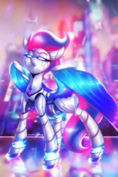 Size: 2000x3000 | Tagged: safe, artist:shad0w-galaxy, imported from derpibooru, zipp storm, pegasus, pony, robot, robot pony, colored wings, cyberpunk, eyebrows, female, frown, g5, glowing, glowing eyes, high res, mare, roboticization, shiny, solo, spread wings, watermark, wings