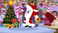 Size: 1024x585 | Tagged: artist needed, safe, imported from derpibooru, rarity, pony, unicorn, bag, beard, bell, belt, bipedal, boots, bow, candy, candy cane, carousel boutique, chimney, christmas, christmas decoration, christmas lights, christmas ornament, christmas star, christmas stocking, christmas tree, christmas wreath, clothes, coat, costume, couch, decoration, fainting couch, fake beard, female, fireplace, food, garland, gingerbread house, gloves, hat, holiday, holly, horn, indoors, lights, mare, open mouth, plushie, present, sack, santa beard, santa claus, santa costume, santa hat, santa sack, shoes, snow, snowfall, snowpony, solo, standing, table, teddy bear, tree, window, wreath