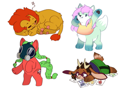 Size: 7016x4961 | Tagged: safe, artist:cutepencilcase, imported from derpibooru, oc, oc only, oc:sweet release, anthro, big cat, earth pony, lion, pony, bipedal, braid, braided pigtails, braided tail, chibi, chubby, clothes, earth pony oc, gas mask, green mane, mask, multiple characters, potato pony, simple background, tail, white background