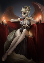 Size: 2104x3000 | Tagged: safe, artist:dacsy, imported from derpibooru, oc, oc:kolba, anthro, pegasus, alcohol, candle, clothes, dress, large wings, looking at you, solo, wine, wings