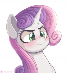 Size: 2250x2400 | Tagged: safe, artist:pyropk, imported from derpibooru, sweetie belle, pony, unicorn, :t, angry, blushing, bust, cute, diasweetes, eyebrows, female, frown, heart, heart eyes, high res, horn, madorable, mare, older, older sweetie belle, signature, simple background, solo, white background, wingding eyes