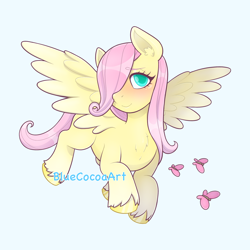 Size: 2048x2048 | Tagged: safe, artist:bluecocoaart, imported from derpibooru, fluttershy, butterfly, pegasus, pony, blank flank, blushing, chest fluff, colored pupils, cute, daaaaaaaaaaaw, ear fluff, flying, g4, hair over one eye, one eye covered, shyabetes, simple background, smiling, solo, unshorn fetlocks