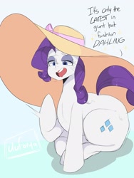 Size: 1536x2048 | Tagged: safe, artist:darkdoubloon, imported from derpibooru, rarity, pony, unicorn, butt, dialogue, giant hat, hat, looking at you, plot, rearity, red lipstick, sitting, solo, sweat, text