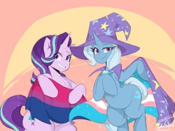 Size: 2048x1536 | Tagged: safe, artist:darkdoubloon, imported from derpibooru, starlight glimmer, trixie, pony, unicorn, bisexual pride flag, brooch, cape, clothes, duo, hat, jewelry, looking at you, pride, pride flag, smiling, smiling at you, transgender pride flag, trixie's brooch, trixie's cape, trixie's hat