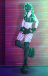 Size: 1280x1995 | Tagged: safe, artist:rosaliarayson, imported from derpibooru, oc, oc only, oc:sweet release, human, black nail polish, braid, braided pigtails, brick wall, clothes, fingerless gloves, fishnets, gas mask, gloves, green hair, humanized, humanized oc, mask, painted nails, platform shoes, punk, short shirt, shorts, solo