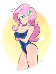 Size: 1000x1300 | Tagged: safe, artist:aetherionart, imported from derpibooru, fluttershy, human, adorasexy, bare shoulders, blushing, breasts, busty fluttershy, butterfly hairpin, cleavage, clothes, cute, female, humanized, one-piece swimsuit, sexy, shyabetes, simple background, sleeveless, solo, swimsuit, wet