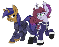 Size: 2644x2100 | Tagged: safe, artist:moonatik, imported from derpibooru, oc, oc:jade jump, oc:lunar spice, bat pony, pony, unicorn, alternate timeline, armor, bag, bat pony oc, boots, clothes, commission, eyeshadow, female, gloves, hair bun, horn, jadespice, lunar empire, makeup, male, mare, military pony, military uniform, new lunar millennium, nightmare takeover timeline, raised hoof, saddle bag, shoes, simple background, soldier, soldier pony, stallion, transparent background, unicorn oc, uniform, wings