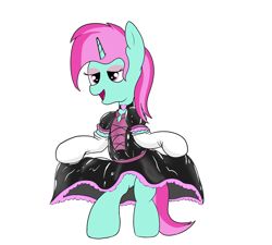 Size: 2000x1800 | Tagged: safe, alternate version, artist:amateur-draw, imported from derpibooru, oc, oc:belle boue, pony, unicorn, bipedal, clothes, crossdressing, evening gloves, gloves, latex, long gloves, maid, makeup, male, simple background, sissy, skirt, skirt lift, solo, stallion, white background