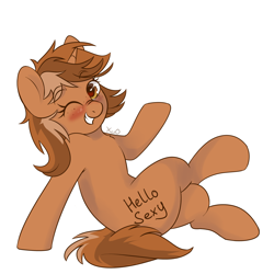 Size: 3000x3000 | Tagged: safe, artist:xwosya, imported from derpibooru, oc, oc only, oc:sign, pony, unicorn, blushing, body writing, chest fluff, crossed legs, eyebrows, eyebrows visible through hair, female, high res, horn, looking at you, one eye closed, raised hoof, signature, simple background, sitting, smiling, smiling at you, solo, unicorn oc, white background, wink, winking at you