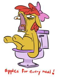 Size: 270x360 | Tagged: safe, artist:jargon scott, imported from derpibooru, apple bloom, earth pony, pony, but why, faic, female, filly, foal, implied pooping, simple background, sitting, sitting on toilet, text, toilet, tongue out, white background