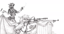 Size: 2000x1058 | Tagged: safe, artist:baron engel, imported from derpibooru, oc, oc only, anthro, bat pony, bat pony oc, cigar, furry, grayscale, gun, monochrome, pencil drawing, rifle, scope, story in the source, story included, traditional art, vixen, weapon
