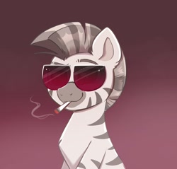 Size: 900x862 | Tagged: safe, artist:confetticakez, imported from derpibooru, oc, oc:mcmiag, zebra, drugs, marijuana, raised eyebrow, smoking, sunglasses