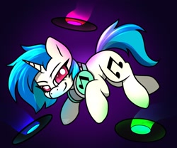 Size: 2048x1707 | Tagged: safe, artist:anxioussartist, imported from derpibooru, dj pon-3, vinyl scratch, pony, unicorn, glowing, headphones, looking at you, purple background, record, simple background, solo