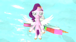 Size: 1024x577 | Tagged: safe, artist:westrail642fan, imported from derpibooru, pipp petals, pegasus, pony, 3d, g5, headband, pool toy, shutter shades, source filmmaker, spread wings, sunglasses, swimming pool, water, wings