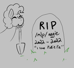 Size: 374x343 | Tagged: safe, pinkie pie, earth pony, pony, aggie.io, eyes closed, female, grass, gravestone, mare, monochrome, mouth hold, shovel, simple background, smiling