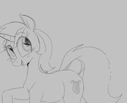 Size: 709x573 | Tagged: safe, lyra heartstrings, pony, unicorn, aggie.io, female, mare, monochrome, open mouth, raised hoof, simple background, sketch, smiling