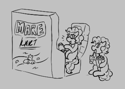 Size: 335x239 | Tagged: safe, pinkie pie, earth pony, pony, aggie.io, arcade, chair, female, food, mare, monochrome, open mouth, popcorn, simple background, sitting, smiling, soda, video game