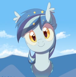 Size: 810x819 | Tagged: safe, artist:owlity, imported from derpibooru, oc, oc only, oc:star struck, bat pony, pony, female, looking at you, sky, smiling, solo