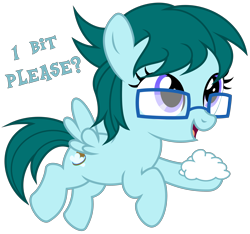 Size: 3680x3440 | Tagged: safe, artist:strategypony, imported from derpibooru, oc, oc only, oc:cloudy bits, pegasus, pony, cloud, dialogue, female, filly, flying, foal, glasses, pegasus oc, simple background, talking to viewer, text, transparent background, wings