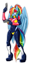 Size: 755x1564 | Tagged: safe, artist:sexybloody, imported from derpibooru, rainbow dash, anthro, pegasus, armor, bedroom eyes, boots, clothes, eggman empire of equestria, gun, hair over one eye, high heel boots, latex, latex suit, lipstick, makeup, mind control, shoes, signature, simple background, smiling, transparent background, weapon, wings