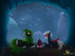 Size: 2732x2048 | Tagged: safe, artist:lordshrekzilla20, imported from derpibooru, oc, oc:ayako, kirin, pony, biollante, cave, gigan, godzilla (series), ponified, rain, shelter