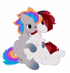 Size: 1524x1599 | Tagged: safe, artist:little-sketches, imported from derpibooru, oc, oc only, oc:allen, oc:pixel codec, pegasus, chest fluff, comforting, commission, crying, cuddling, folded wings, gradient hooves, hug, hug from behind, male, pegasus oc, simple background, sitting, stallion, white background, wings