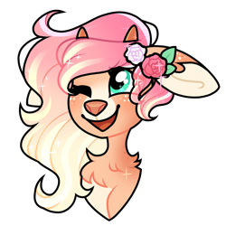 Size: 1600x1600 | Tagged: safe, artist:moonert, imported from derpibooru, oc, oc only, deer, deer pony, original species, pony, bust, chest fluff, female, floppy ears, flower, flower in hair, mare, one eye closed, rose, simple background, solo, transparent background, wink